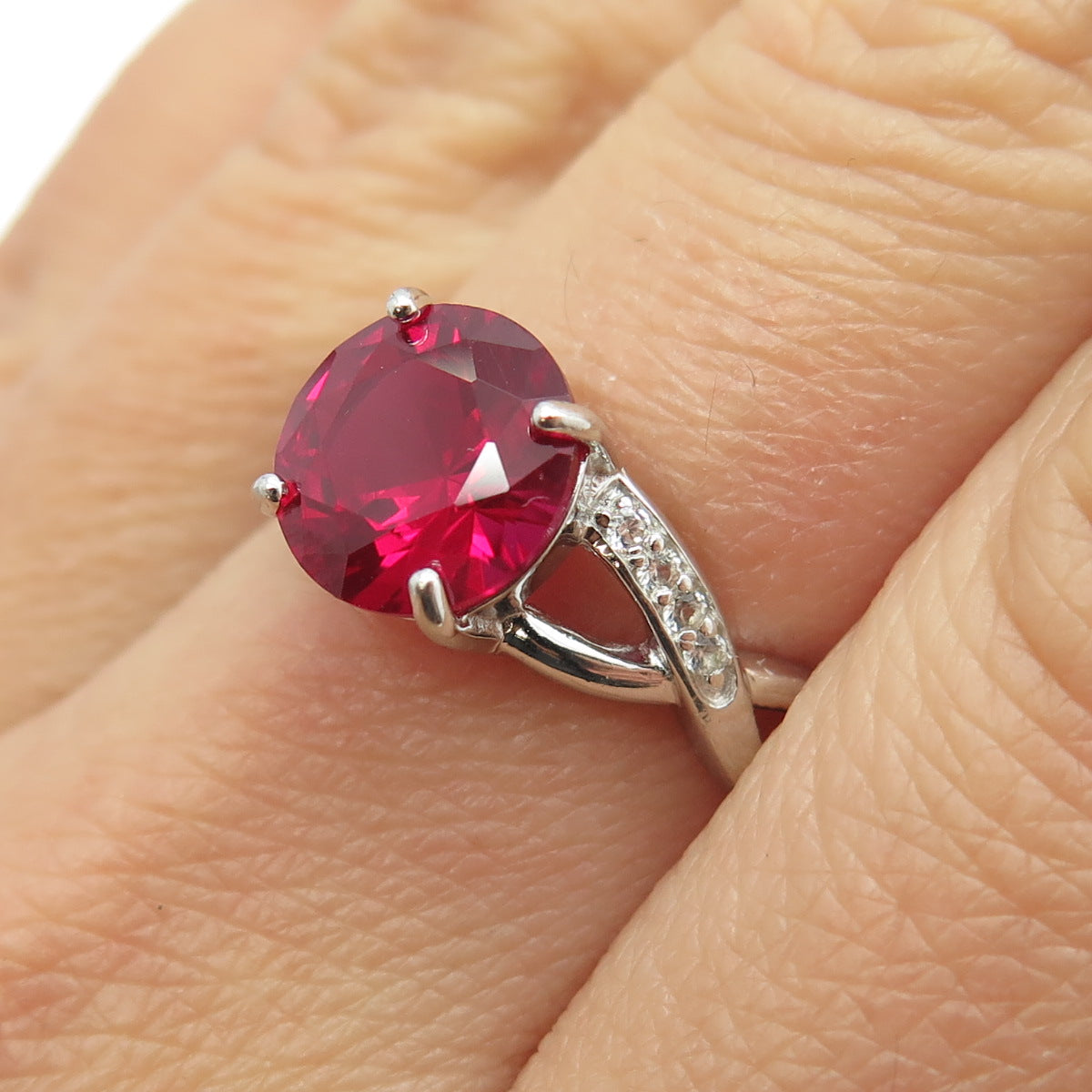 925 Sterling Silver Lab-Created Ruby & White Topaz Ring Size 7.25