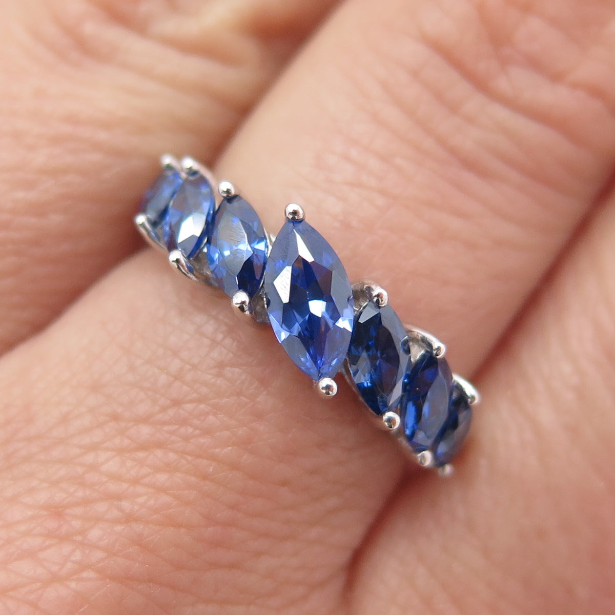 925 Sterling Silver Marquise-Cut Blue C Z Ring Size 7.25