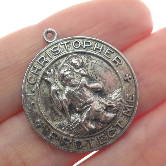 HAYWARD 925 Sterling Silver Antique St. Christopher Religious Oxidized Pendant