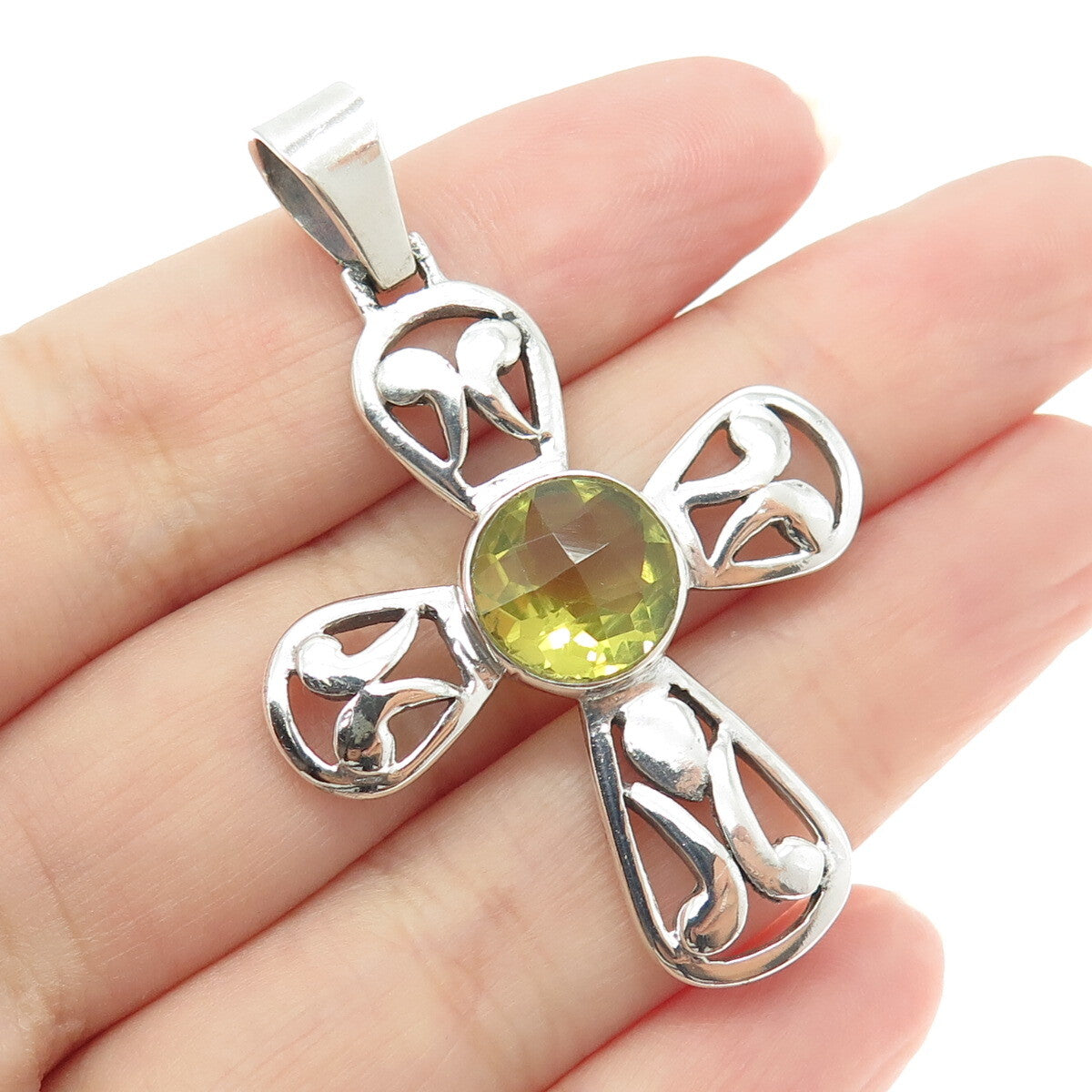 925 Sterling Silver Vintage Real Lime Citrine Gemstone Cross Pendant