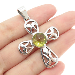 925 Sterling Silver Vintage Real Lime Citrine Gemstone Cross Pendant