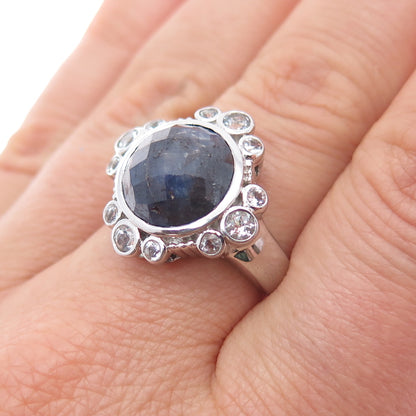 925 Sterling Silver Real Round-Cut Sapphire & White Topaz Ring Size 7