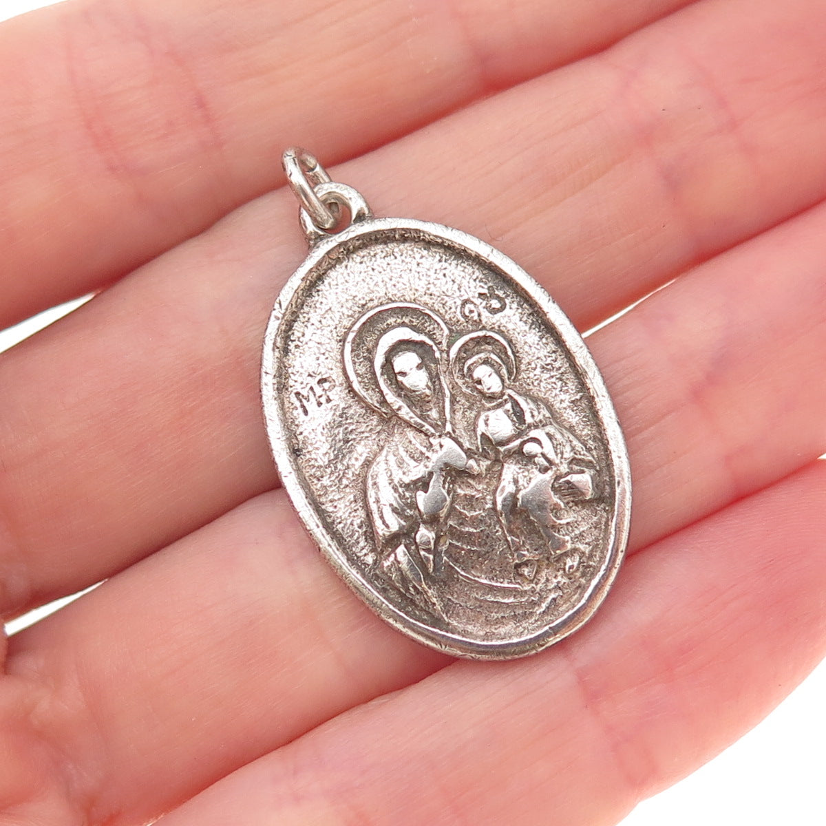 925 Sterling Silver Antique Art Deco Saint Anne Religious Medal Charm Pendant