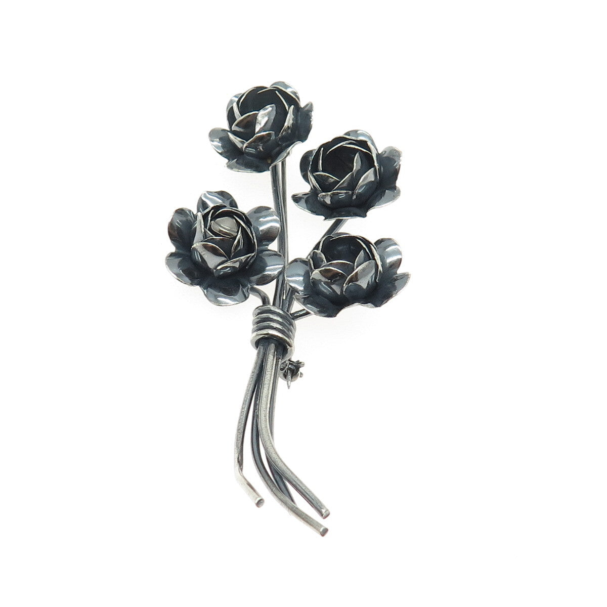 CORO 925 Sterling Silver Antique Art Deco Rose Flower Oxidized Pin Brooch