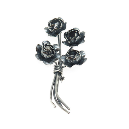 CORO 925 Sterling Silver Antique Art Deco Rose Flower Oxidized Pin Brooch
