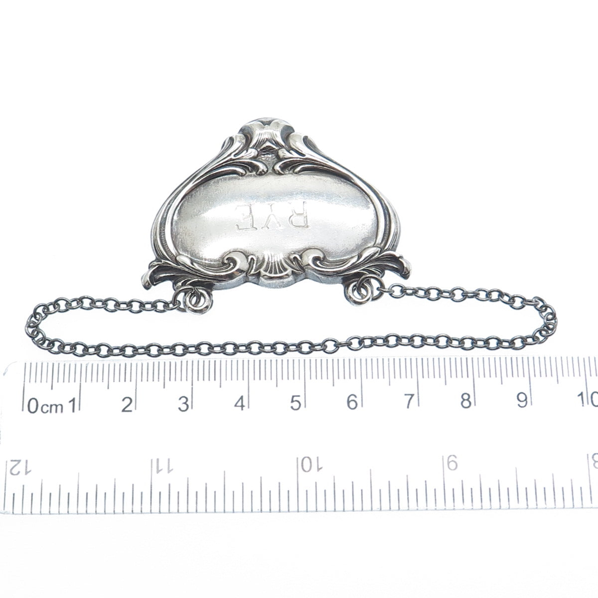 925 Sterling Silver Antique Art Deco Rye Repousse Bottle Tag