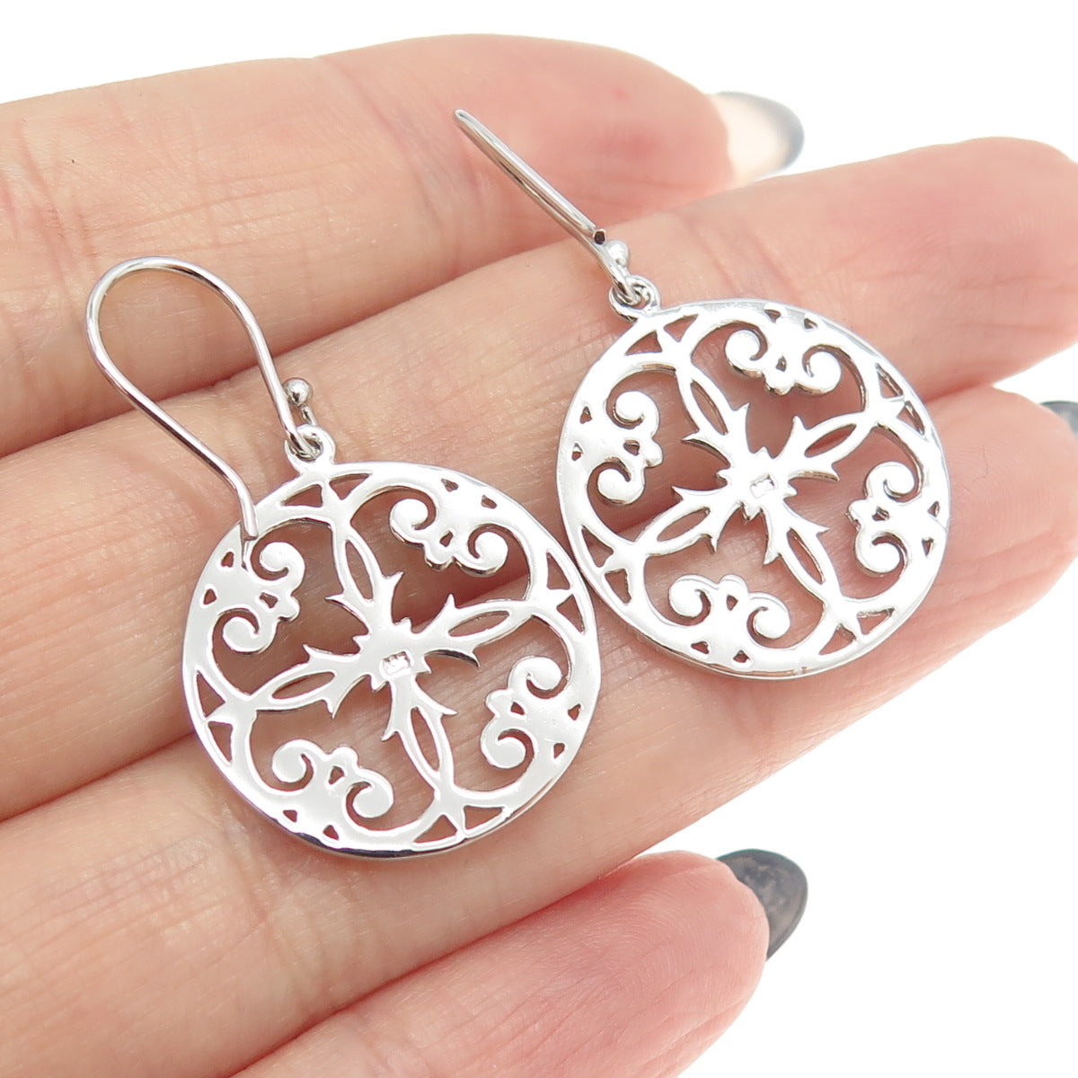 925 Sterling Silver Fleur de Lis & Cross Round Dangling Earrings