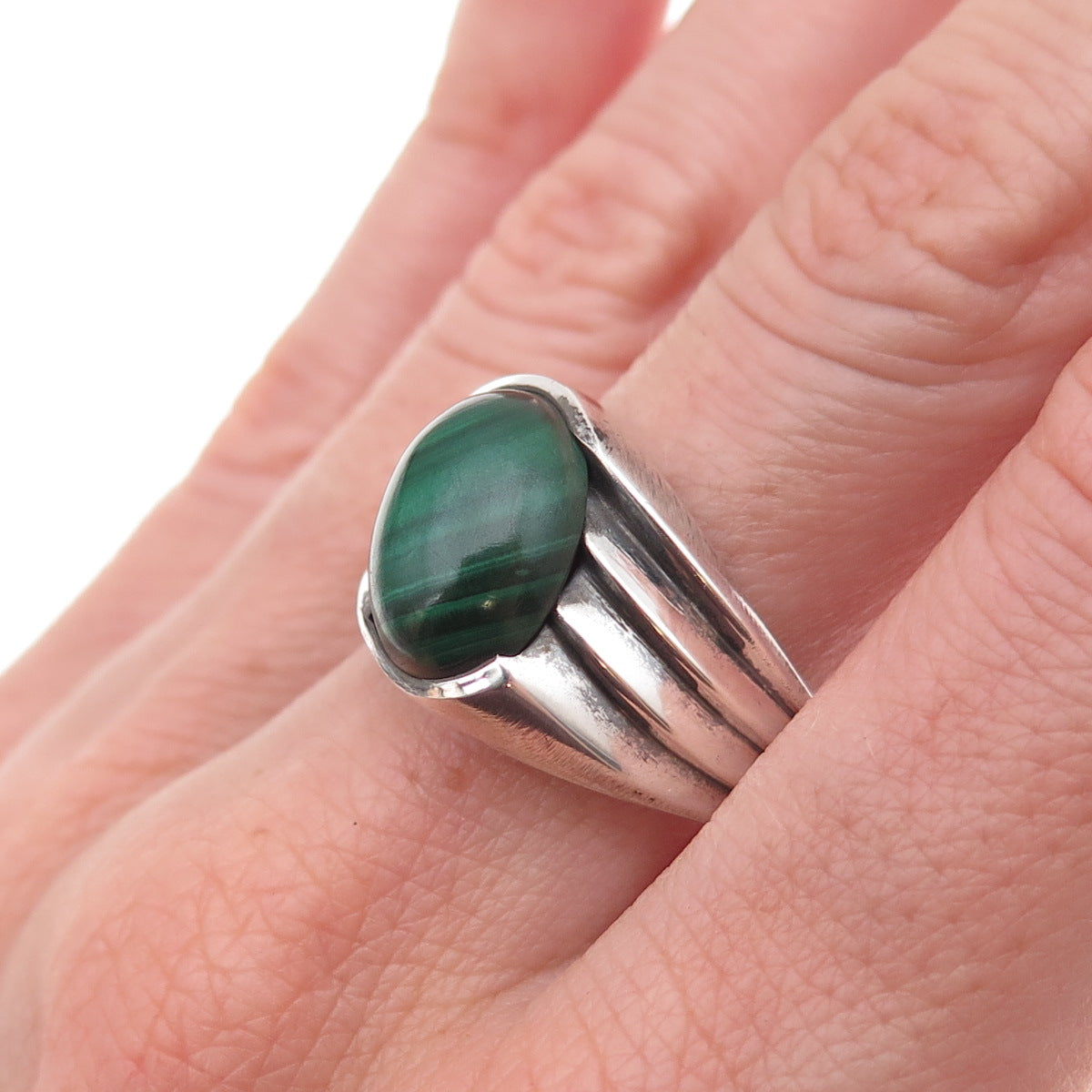 Esemco 925 Sterling Silver Vintage Real Malachite Modernist Ring Size 11