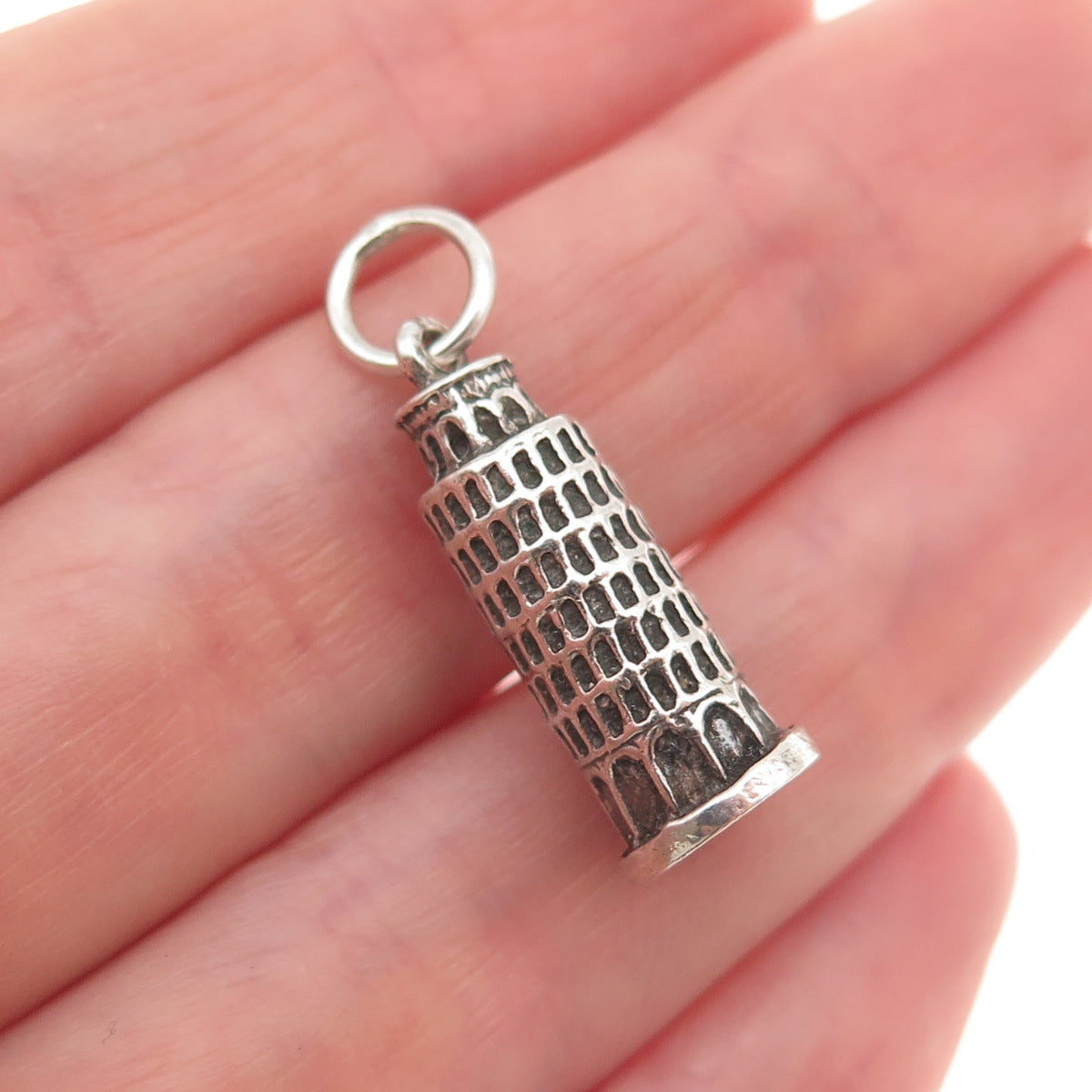 800 Silver Vintage Leaning Tower of Pisa Oxidized 3D Mini Charm Pendant