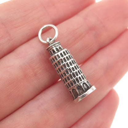 800 Silver Vintage Leaning Tower of Pisa Oxidized 3D Mini Charm Pendant