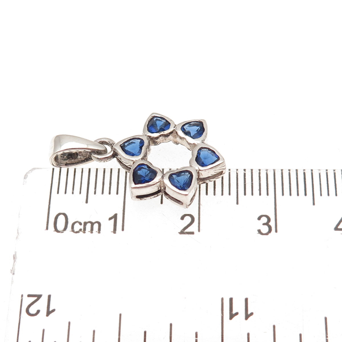 925 Sterling Silver Heart-Cut Blue C Z Floral Charm Pendant