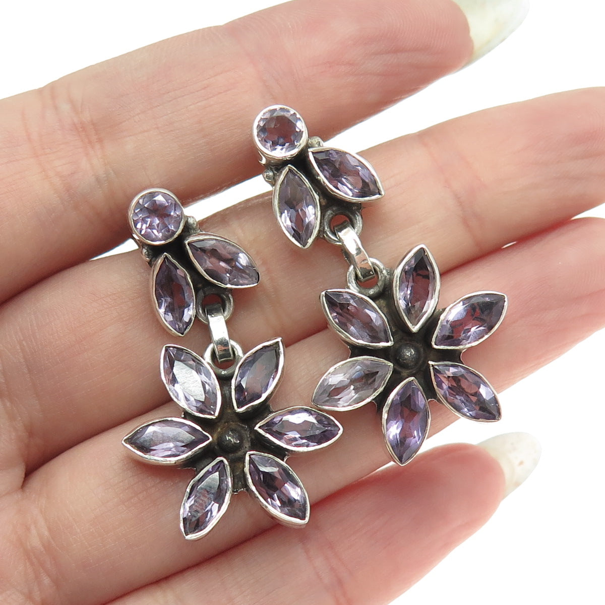 925 Sterling Silver Vintage Real Marquise & Round-Cut Amethyst Floral Earrings