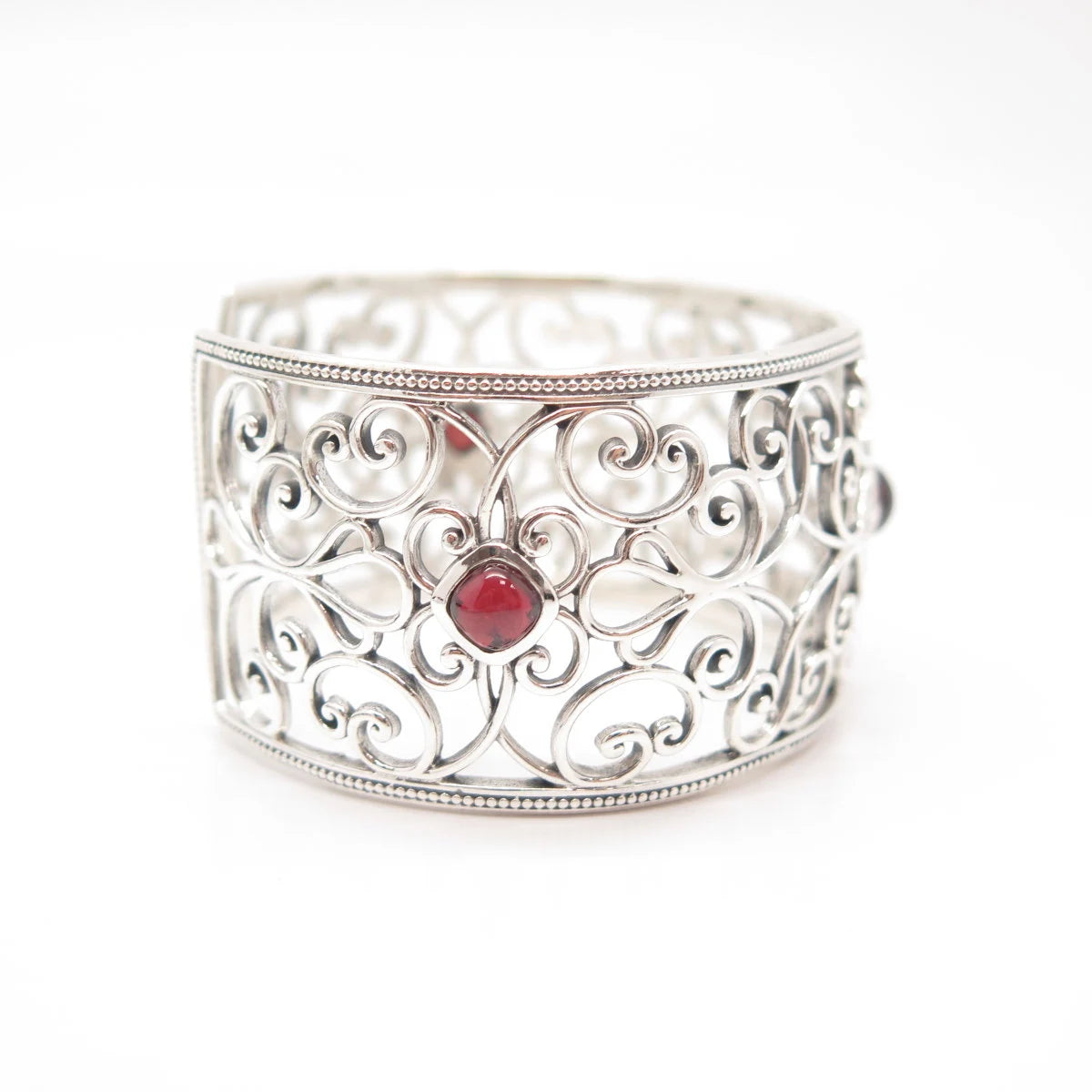 925 Sterling Silver Vintage Real Red Garnet Gem Ornate Cuff Bracelet 7"