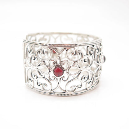 925 Sterling Silver Vintage Real Red Garnet Gem Ornate Cuff Bracelet 7"
