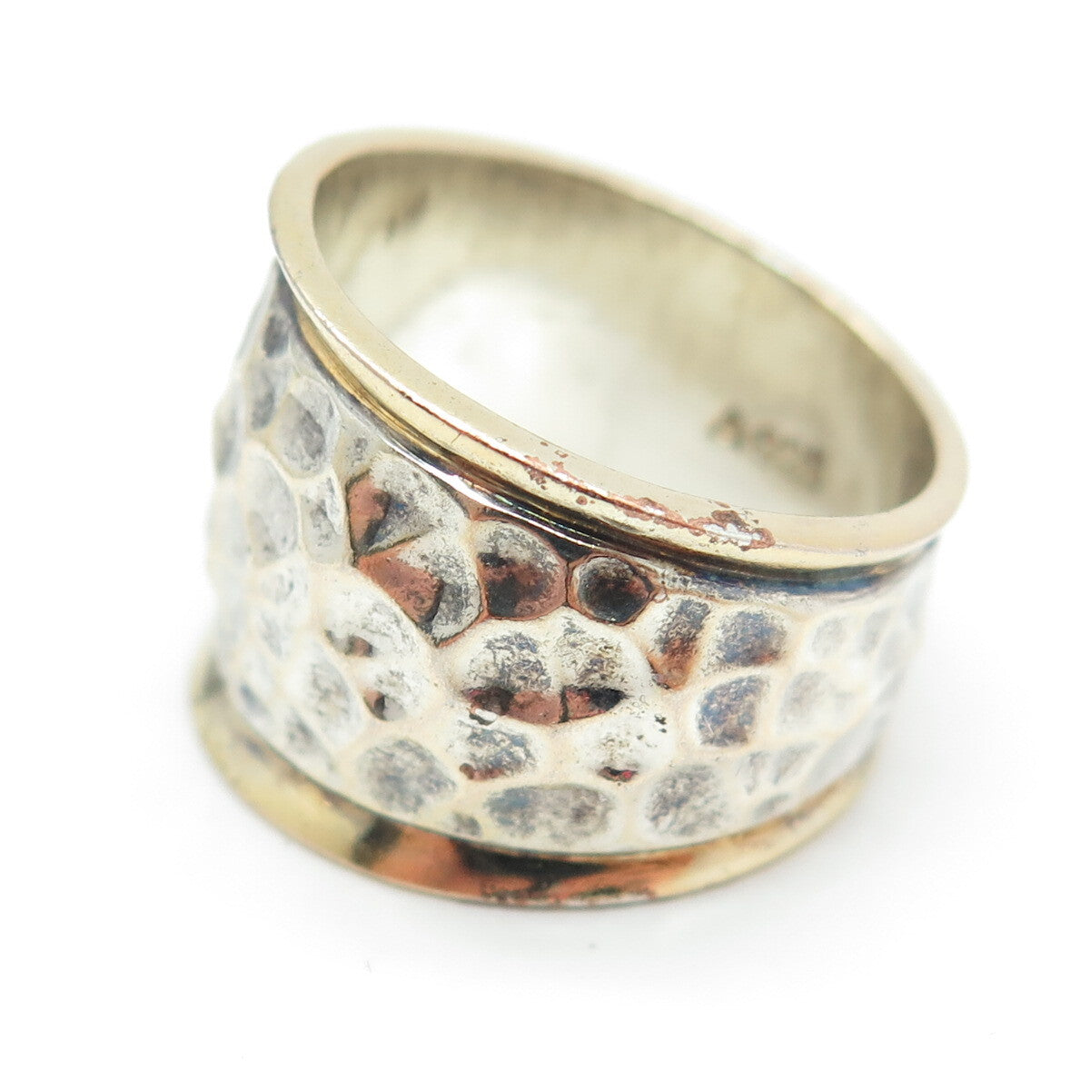 925 Sterling Silver 2-Tone Vintage Hammered Finish Ring Size 8