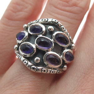 925 Sterling Silver Vintage Real Amethyst Modernist Oxidized Ring Size 8