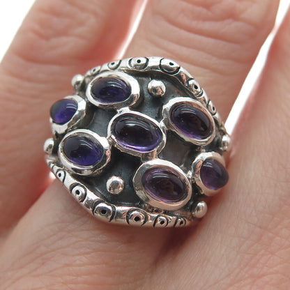 925 Sterling Silver Vintage Real Amethyst Modernist Oxidized Ring Size 8