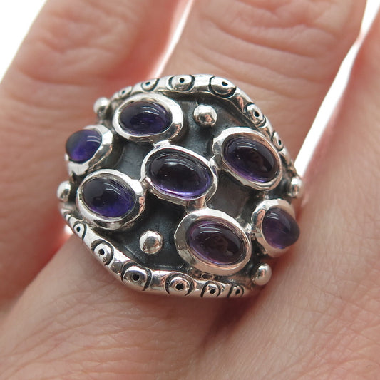 925 Sterling Silver Vintage Real Amethyst Modernist Oxidized Ring Size 8