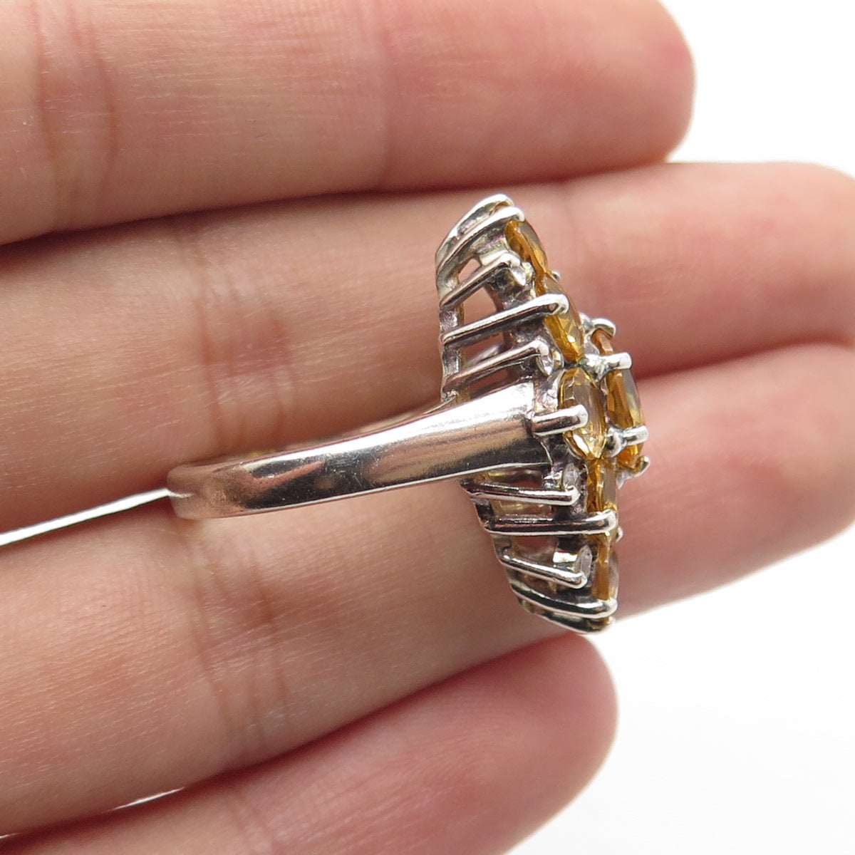 925 Sterling Silver Real Citrine Gemstone & C Z Statement Ring Size 5.75