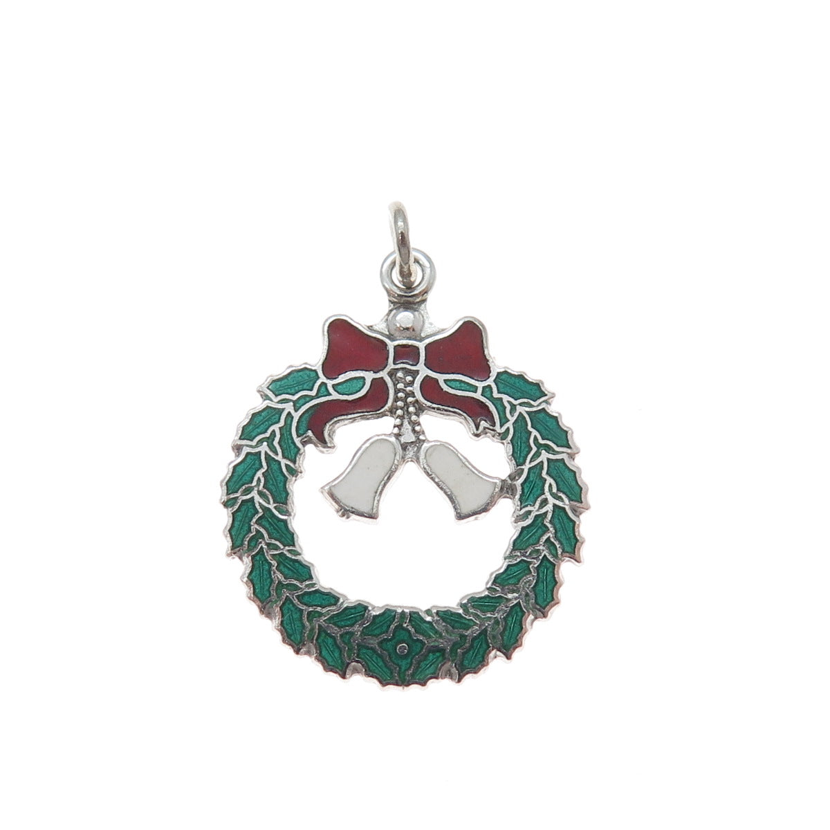925 Sterling Silver Vintage Enamel Christmas Wreath & Bell Charm Pendant