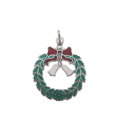 925 Sterling Silver Vintage Enamel Christmas Wreath & Bell Charm Pendant