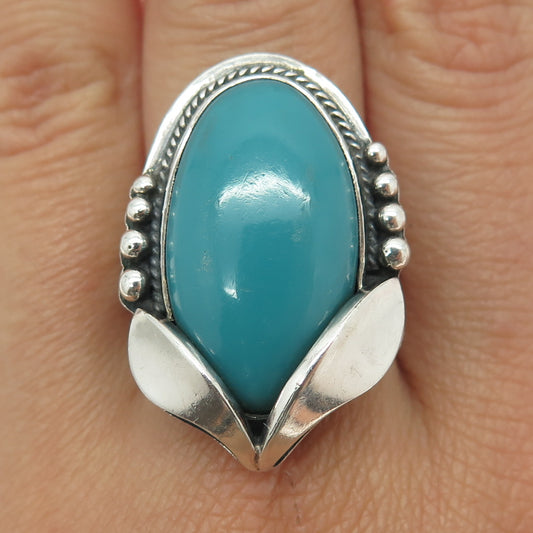 925 Sterling Silver Vintage Real Turquoise Modernist Floral Ring Size 11.75