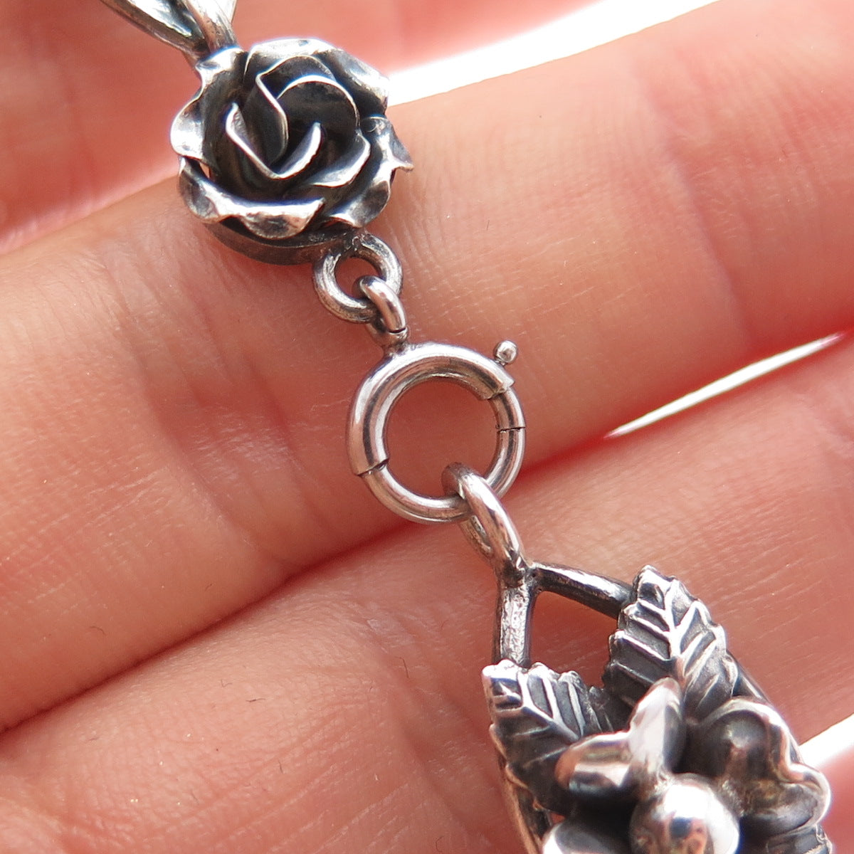 800 Silver Antique Art Deco Clover Flower Oxidized Link Bracelet 7.25"