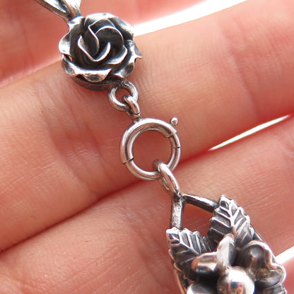 800 Silver Antique Art Deco Clover Flower Oxidized Link Bracelet 7.25"