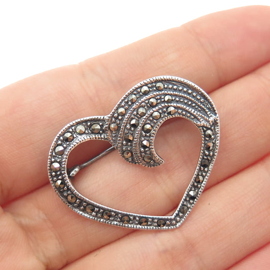 925 Sterling Silver Vintage Real Marcasite Heart Oxidized Pin Brooch