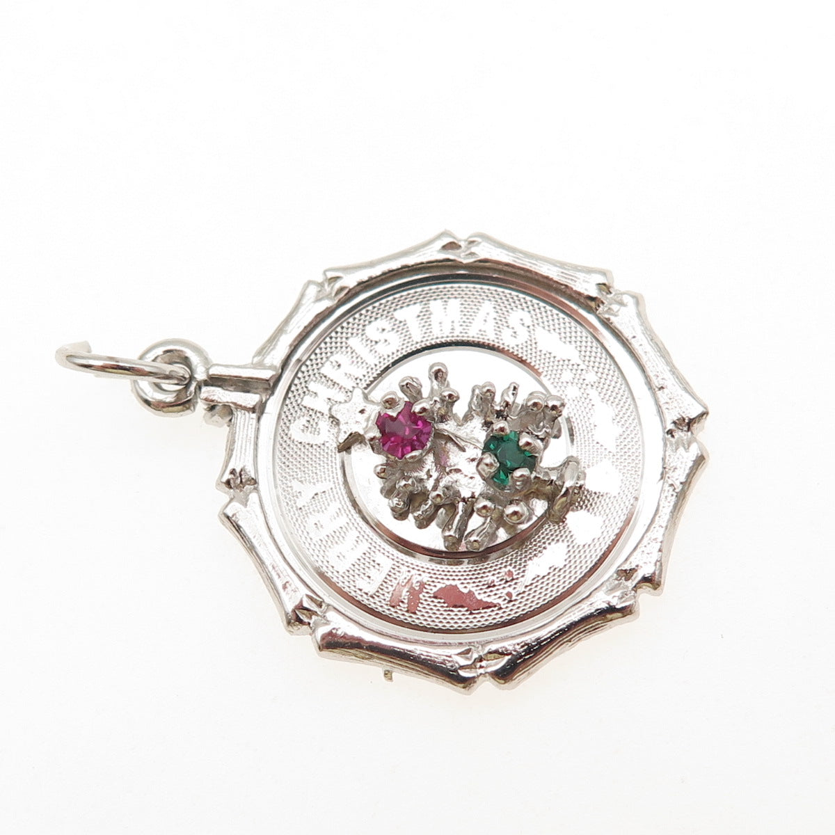 925 Sterling Silver Vintage Rhinestone Merry Christmas Tree Charm Pendant