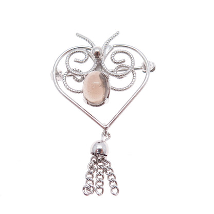 WELLS Sterling Silver Vintage Real Smoky Quartz Butterfly Heart Tassel Brooch