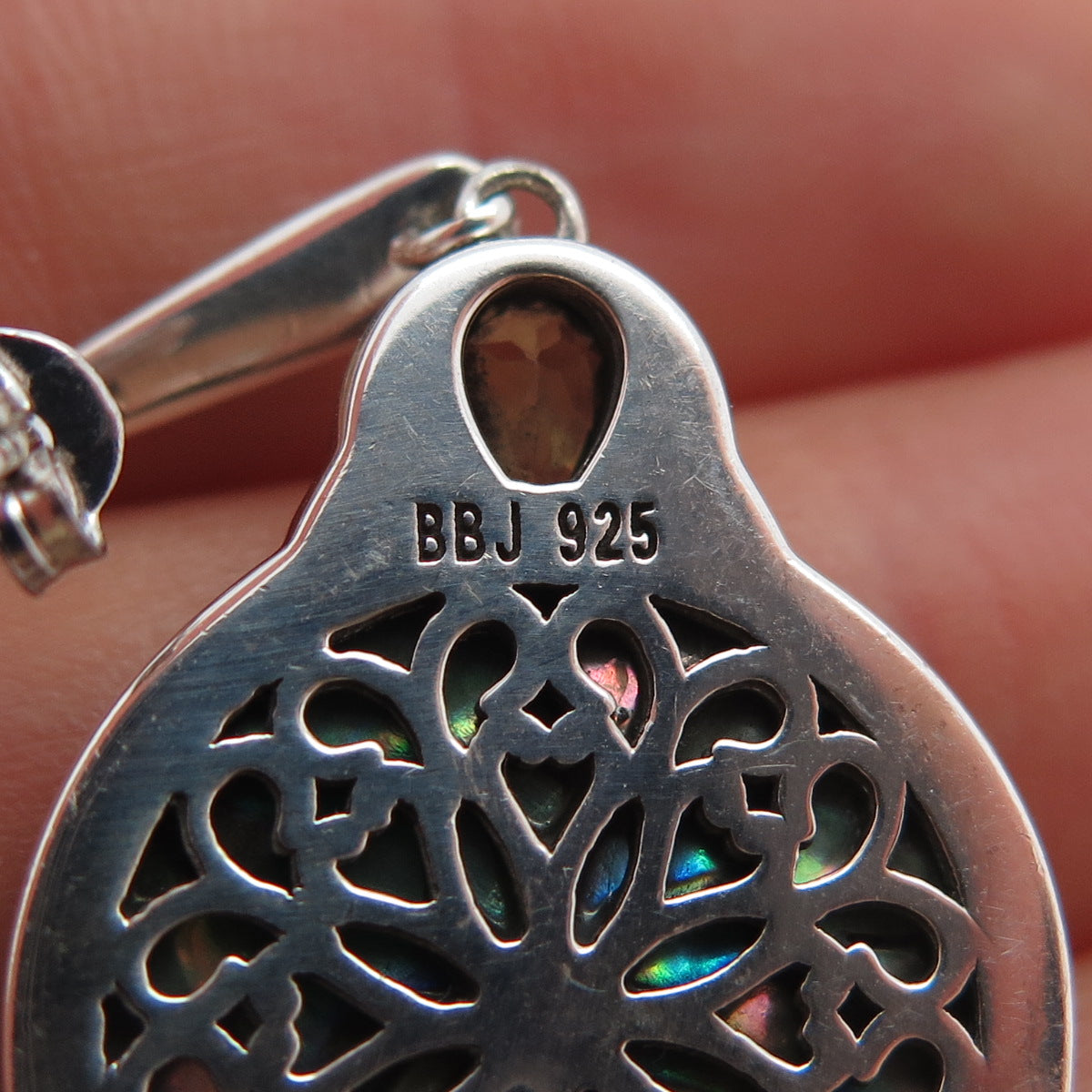 925 Sterling Silver Vintage Real Abalone Shell & Peridot Ornate Dangle Earrings