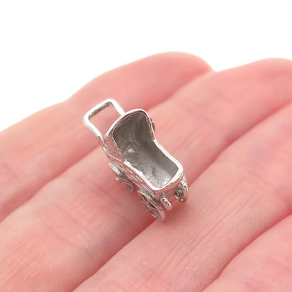 925 Sterling Silver Vintage Baby Stroller Oxidized 3D Mini Charm Pendant