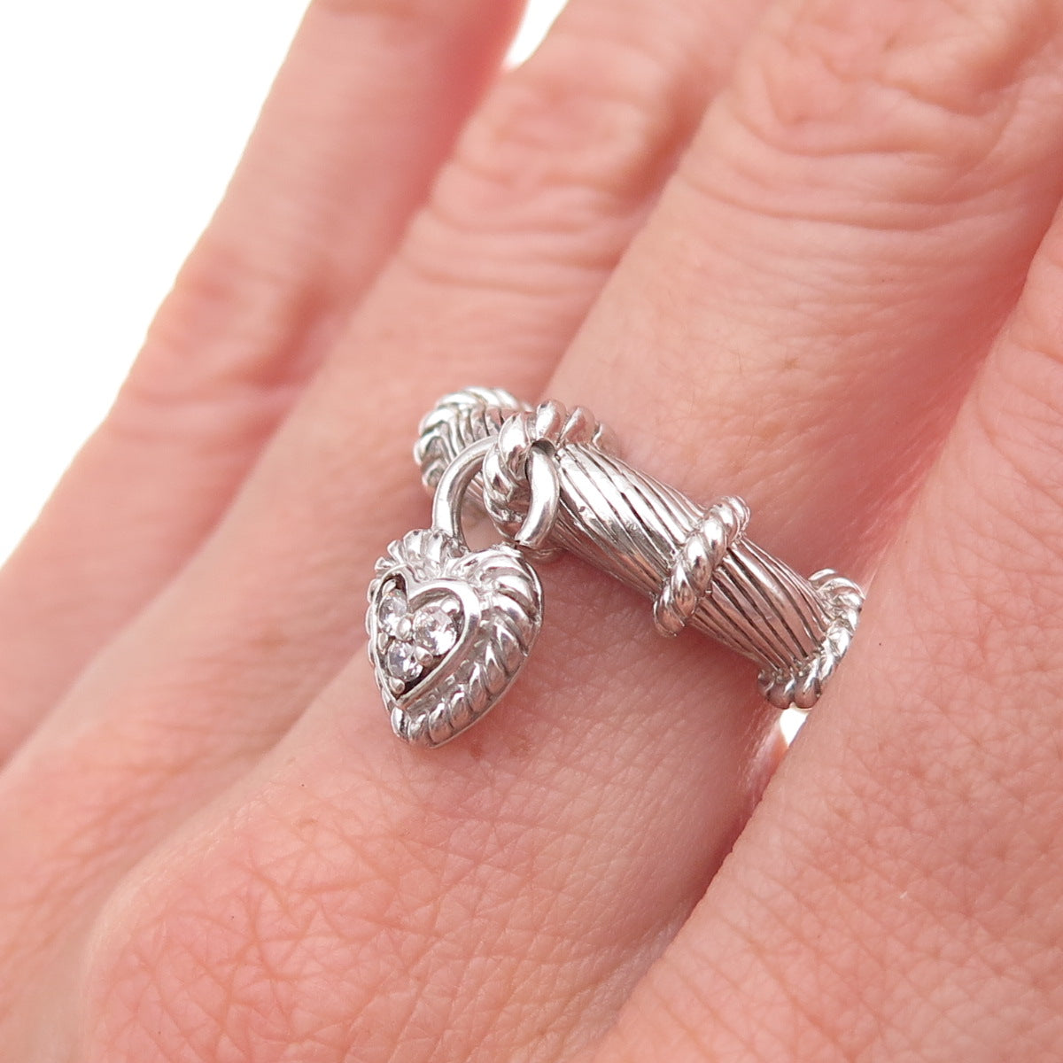 Judith Ripka 925 Sterling Silver Round-Cut C Z Heart Dangle Charm Ring Size 8