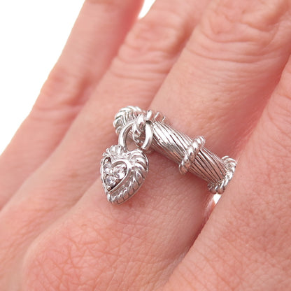 Judith Ripka 925 Sterling Silver Round-Cut C Z Heart Dangle Charm Ring Size 8