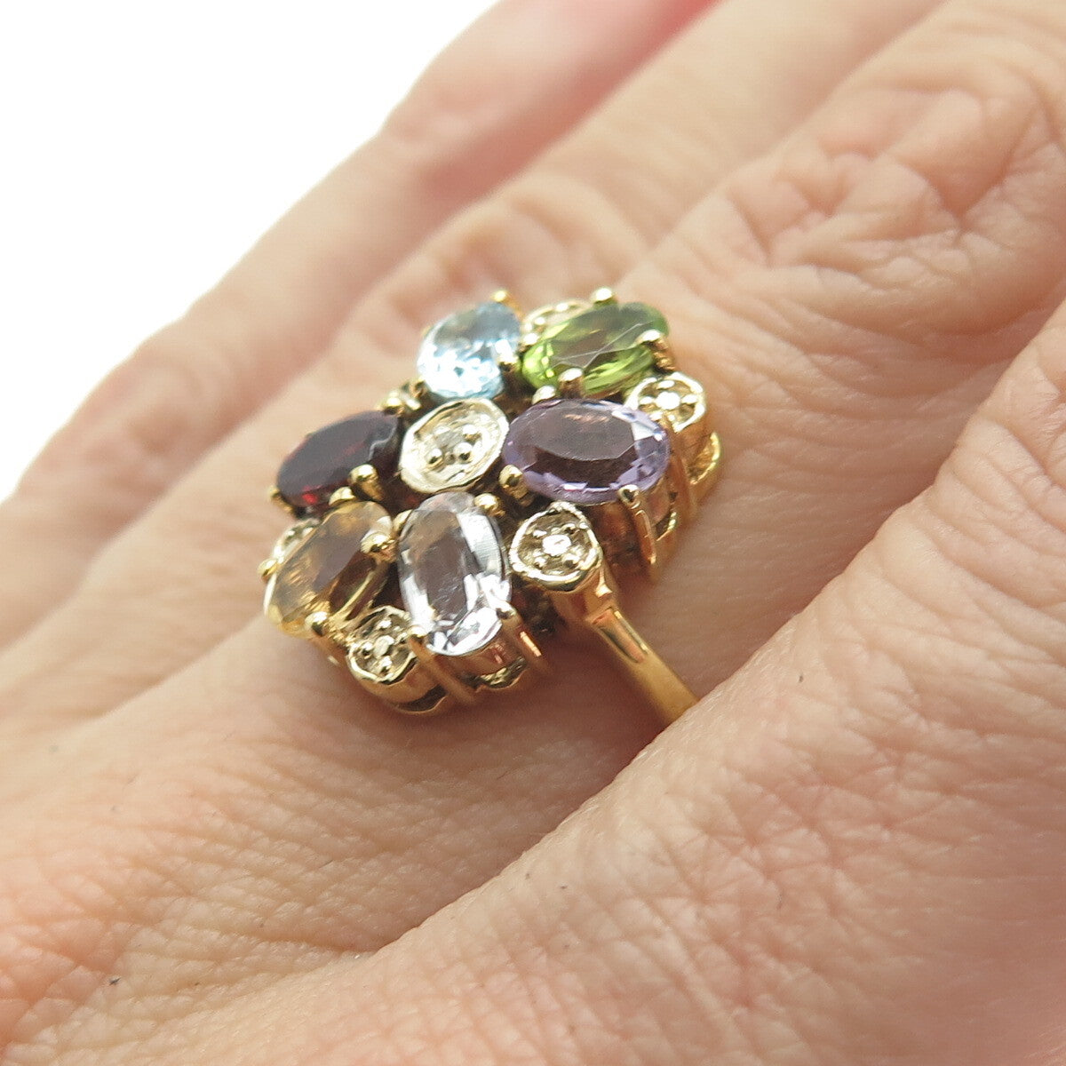 925 Sterling Silver Gold Plated Real Diamond Accent Multi-Color Gem Ring Size 7