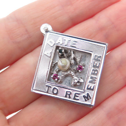 ART'S ELEGANCE Sterling Vintage Faux Pearl Rhinestone A Date To Remember Pendant
