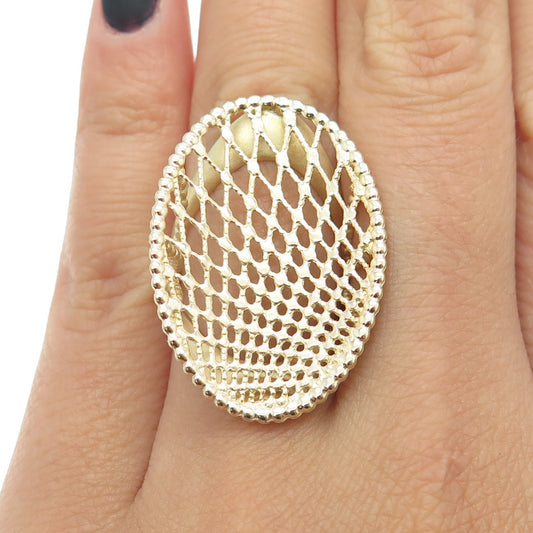 925 Sterling Silver Gold Plated Turkey Grid Statement Ring Size 6.25