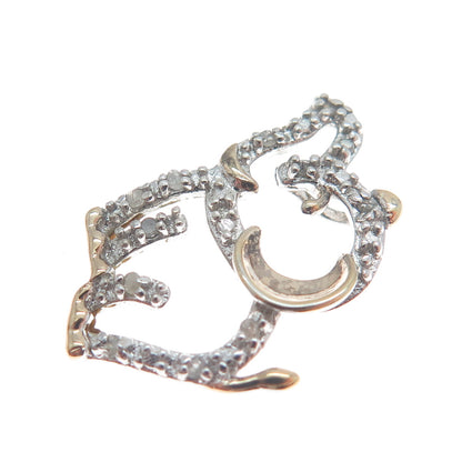 925 Sterling Silver 2-Tone Real Round-Cut Diamond Elephant Minimalist Pendant