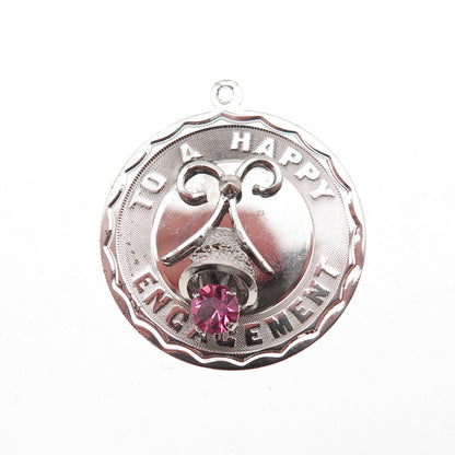 925 Sterling Silver Vintage Pink Rhinestone To A Happy Engagement Charm Pendant