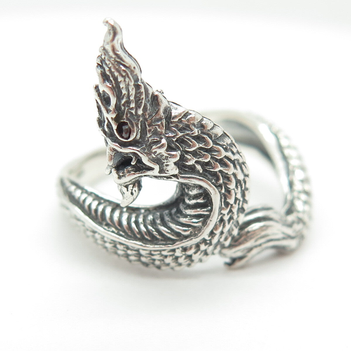 925 Sterling Silver Vintage Real Red Garnet Gemstone Dragon Ring Size 10