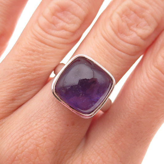 925 Sterling Silver Vintage Real Amethyst Modernist Oxidized Ring Size 6.75