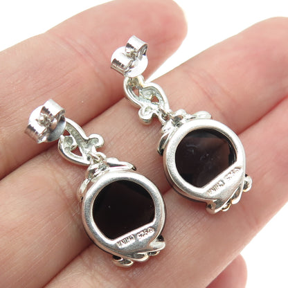 925 Sterling Silver Vintage Real Smoky Quartz Ornate Dangling Earrings