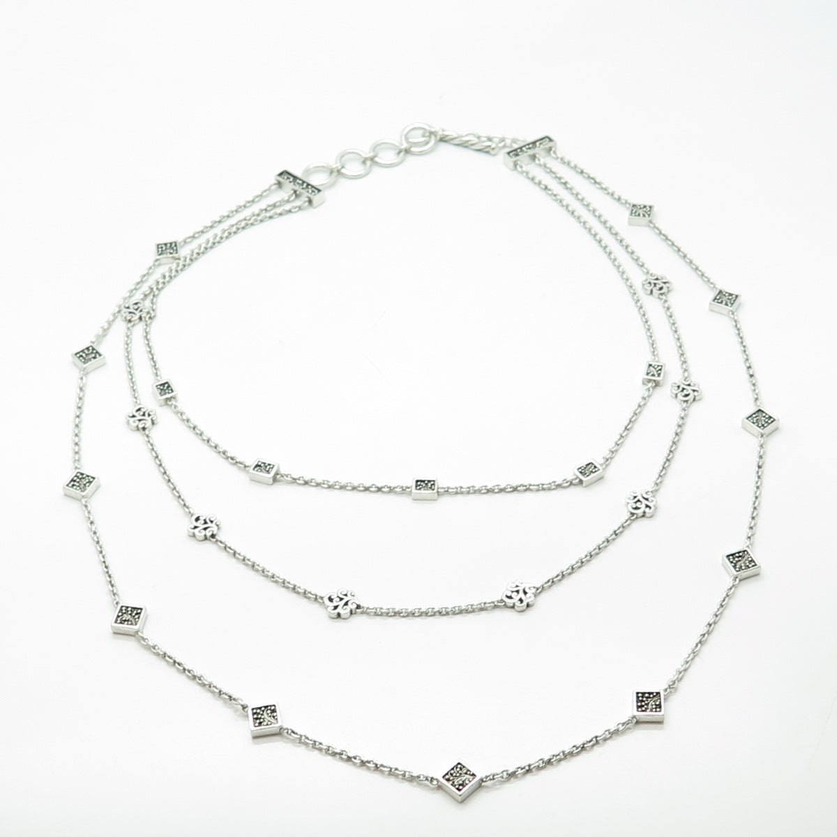 LOIS HILL 925 Sterling Silver Vintage Granulated Station 3-Row Necklace 16-18"