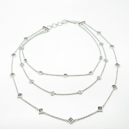 LOIS HILL 925 Sterling Silver Vintage Granulated Station 3-Row Necklace 16-18"