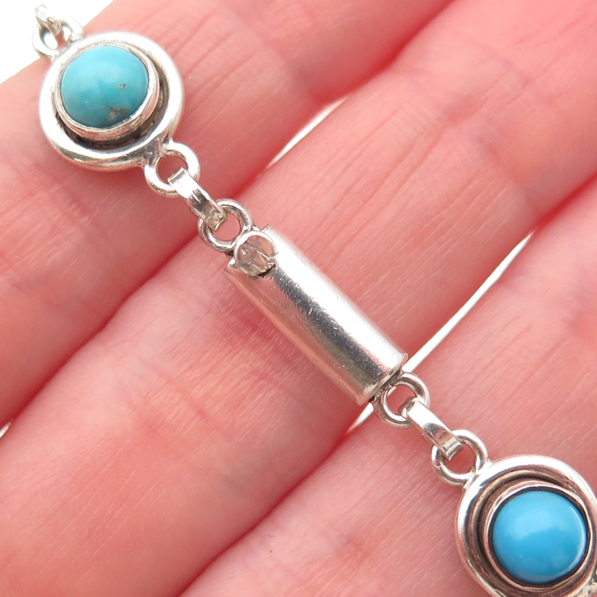 Old Pawn Sterling Silver Vintage Turquoise Station Link Tribal Bracelet 7.25"