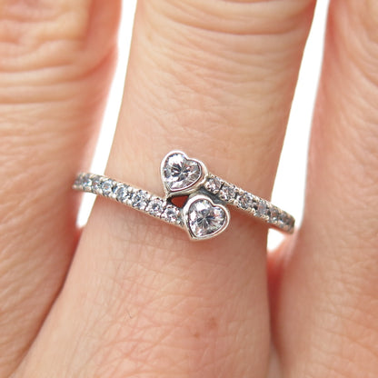 PANDORA 925 Sterling Silver Heart & Round-Cut C Z Bypass Ring Size 6.25