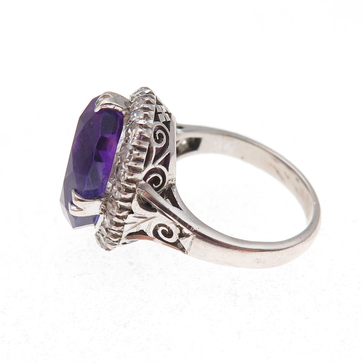 925 Sterling Silver Antique Art Deco Real Diamond & Amethyst Ring Size 5