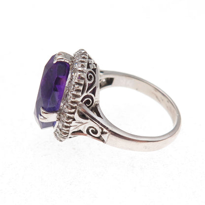 925 Sterling Silver Antique Art Deco Real Diamond & Amethyst Ring Size 5