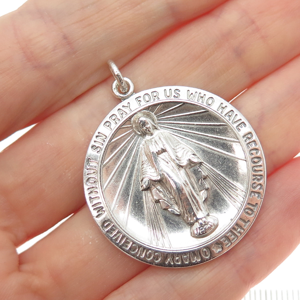 THEDA 925 Sterling Silver Vintage St. Mary Miraculous Religious Medal Pendant
